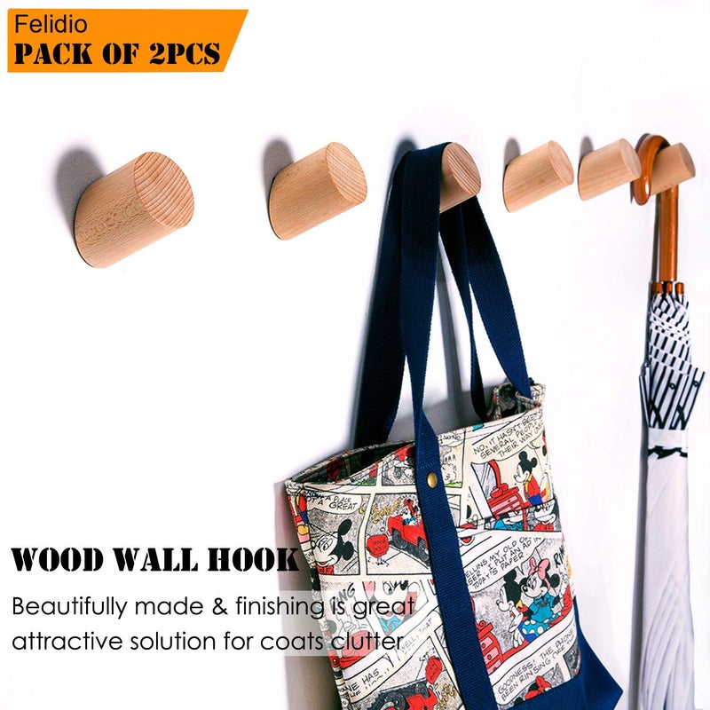 Felidio Wooden Wall Hooks, Natural Wood Coat Hooks Wall-Mounted (2 Pack), Rustic Wall Coat Rack Hat Hook, Entryway Walls Hangers, Heavy Duty Hook for Hanging Towels (Beech Wood) - Image 2